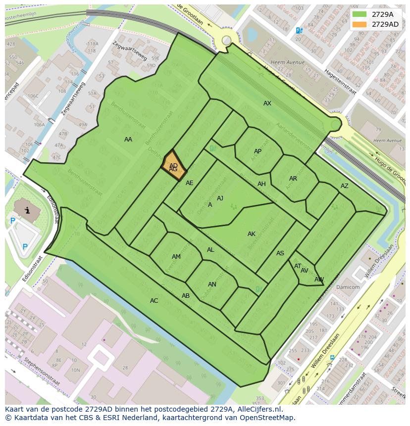 Afbeelding van het postcodegebied 2729 AD op de kaart.