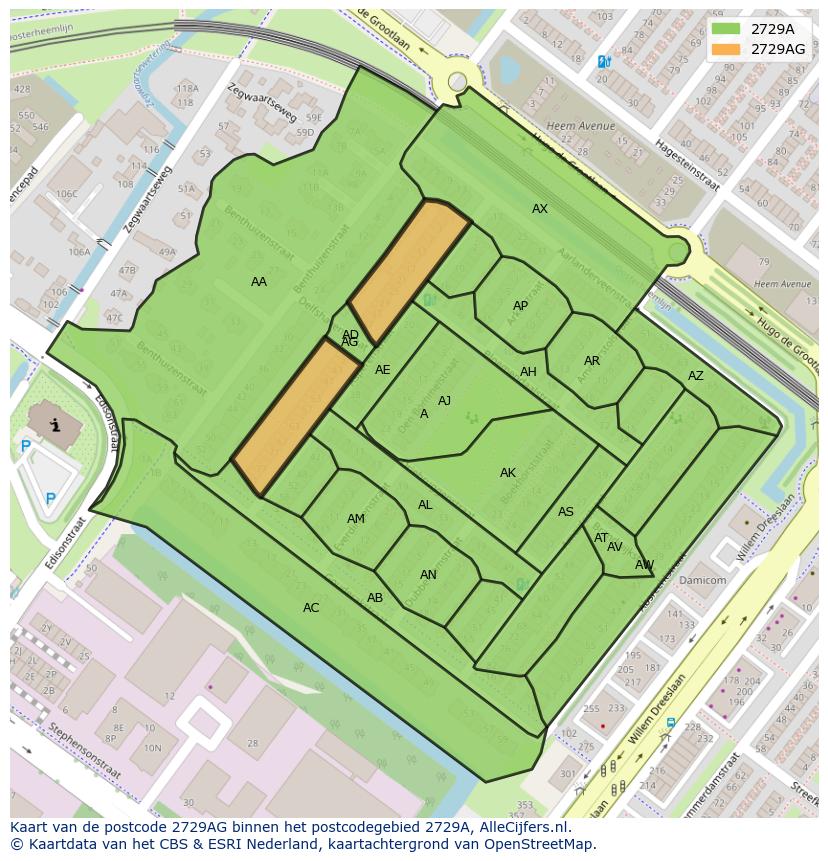 Afbeelding van het postcodegebied 2729 AG op de kaart.