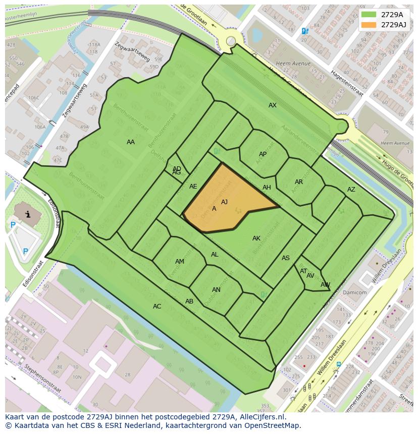 Afbeelding van het postcodegebied 2729 AJ op de kaart.