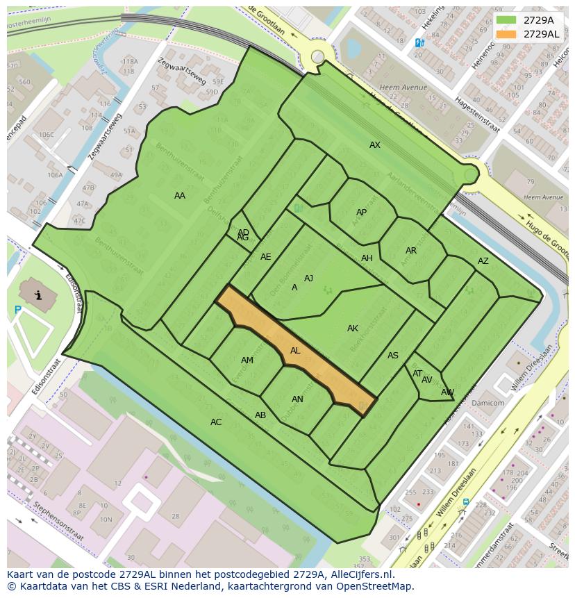 Afbeelding van het postcodegebied 2729 AL op de kaart.