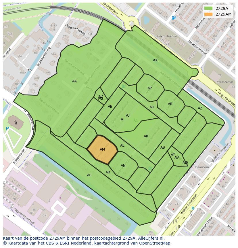 Afbeelding van het postcodegebied 2729 AM op de kaart.