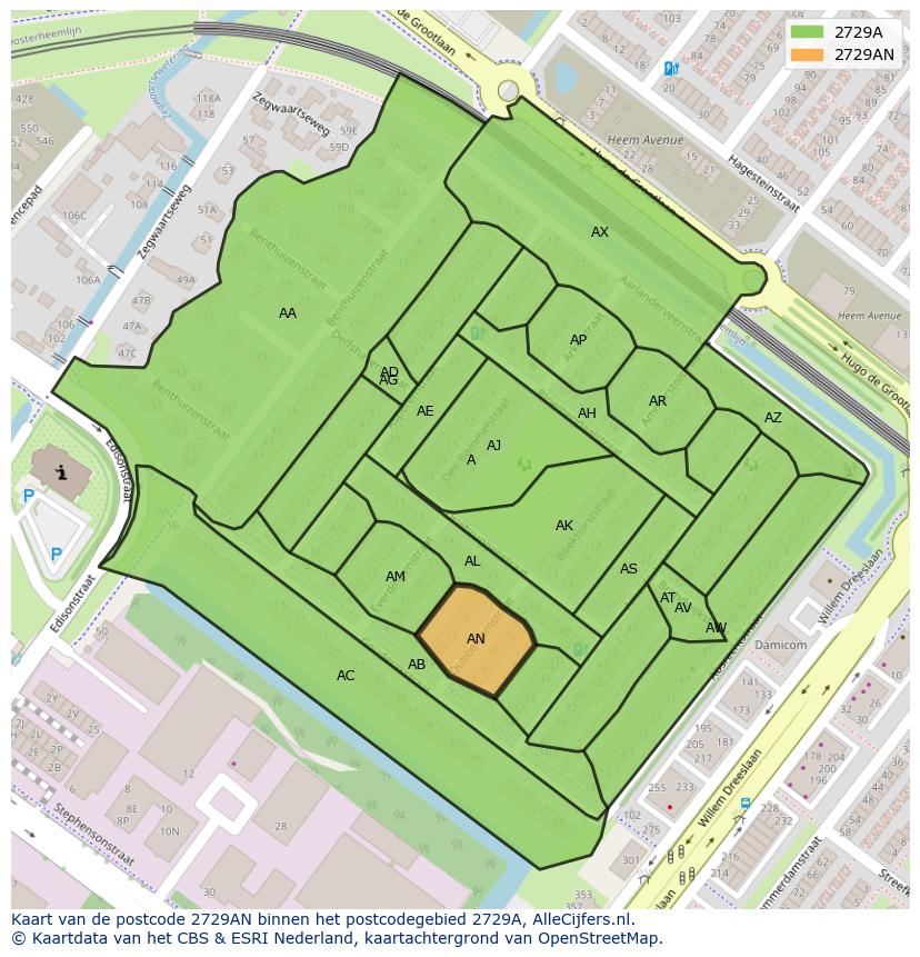 Afbeelding van het postcodegebied 2729 AN op de kaart.
