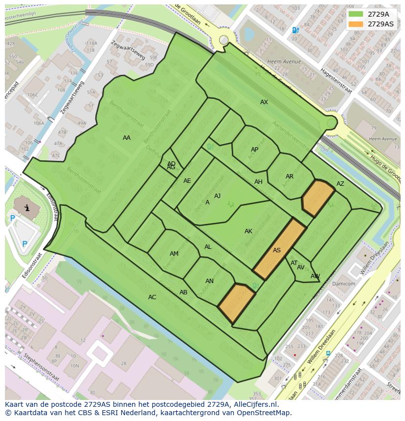 Afbeelding van het postcodegebied 2729 AS op de kaart.