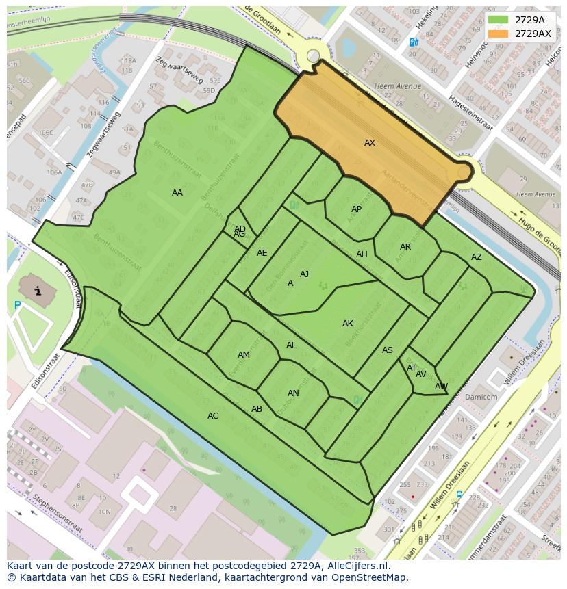 Afbeelding van het postcodegebied 2729 AX op de kaart.