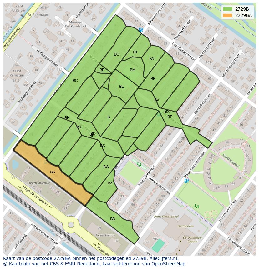 Afbeelding van het postcodegebied 2729 BA op de kaart.