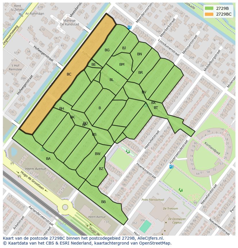 Afbeelding van het postcodegebied 2729 BC op de kaart.