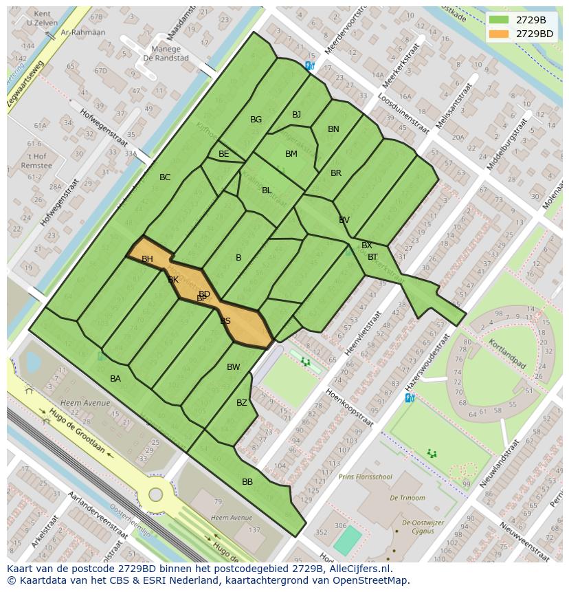 Afbeelding van het postcodegebied 2729 BD op de kaart.