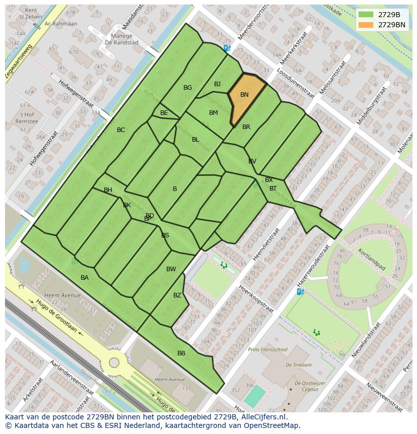 Afbeelding van het postcodegebied 2729 BN op de kaart.