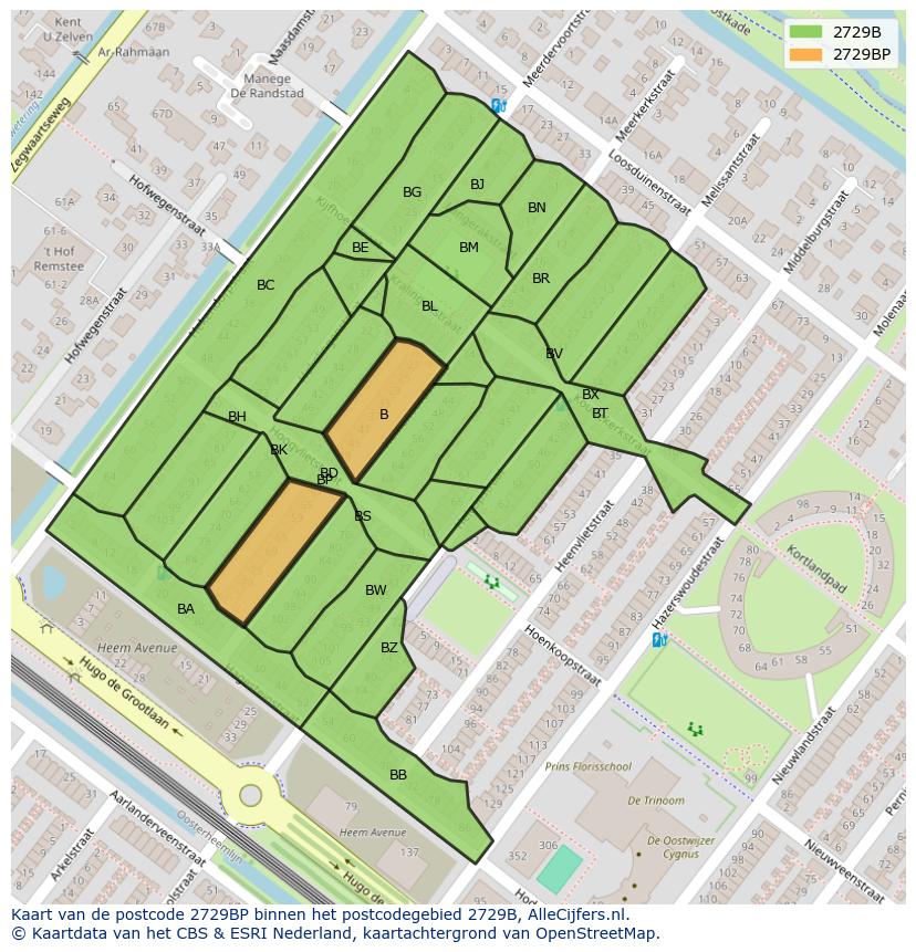 Afbeelding van het postcodegebied 2729 BP op de kaart.