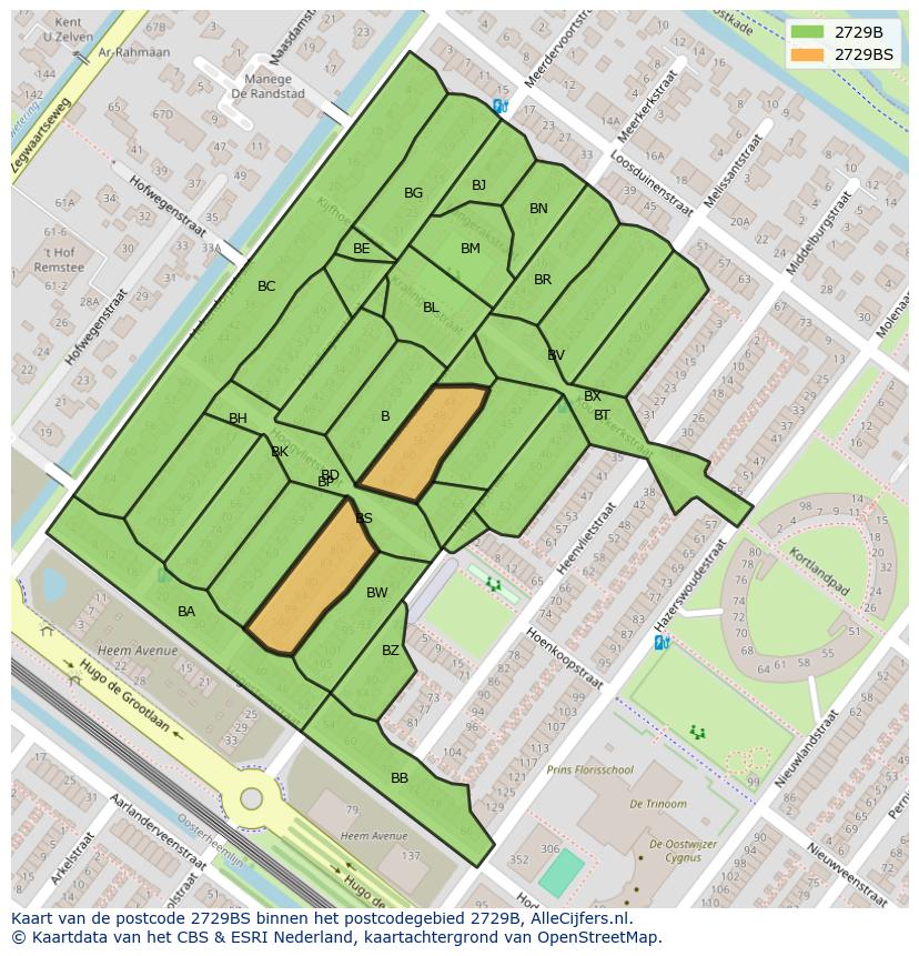 Afbeelding van het postcodegebied 2729 BS op de kaart.