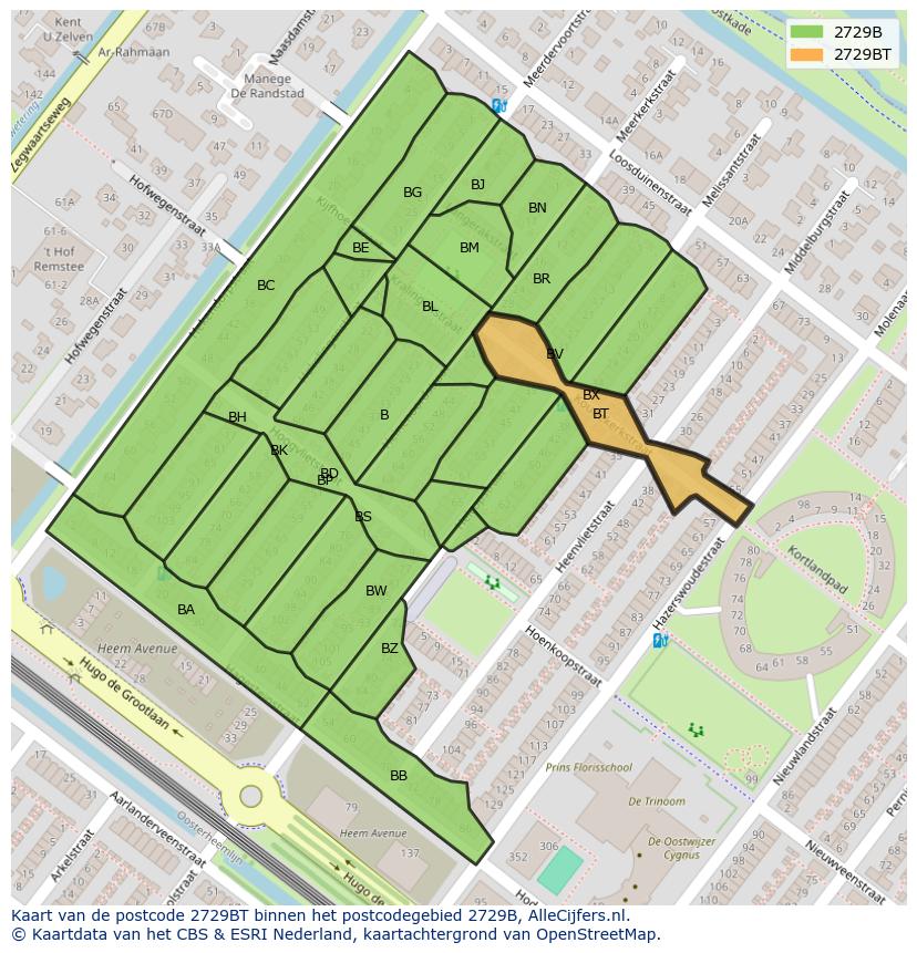 Afbeelding van het postcodegebied 2729 BT op de kaart.