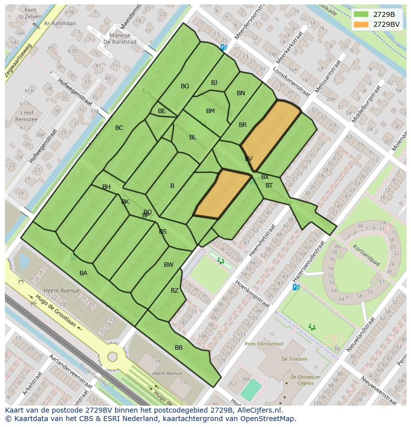 Afbeelding van het postcodegebied 2729 BV op de kaart.
