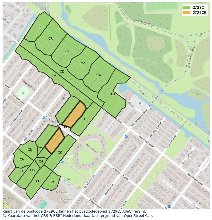 Afbeelding van het postcodegebied 2729 CE op de kaart.