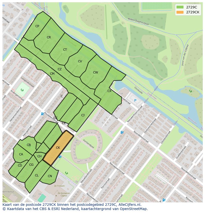 Afbeelding van het postcodegebied 2729 CK op de kaart.