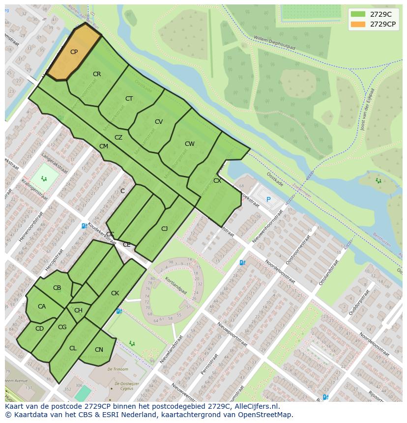 Afbeelding van het postcodegebied 2729 CP op de kaart.