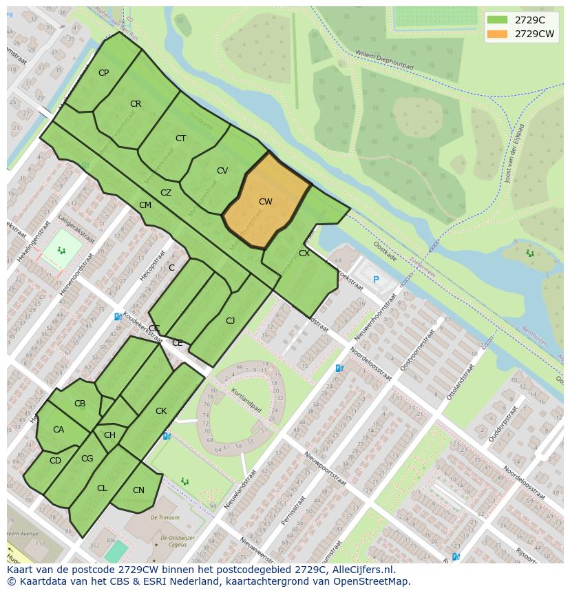 Afbeelding van het postcodegebied 2729 CW op de kaart.