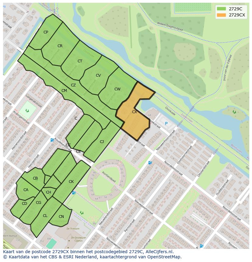Afbeelding van het postcodegebied 2729 CX op de kaart.