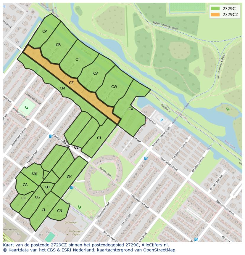 Afbeelding van het postcodegebied 2729 CZ op de kaart.