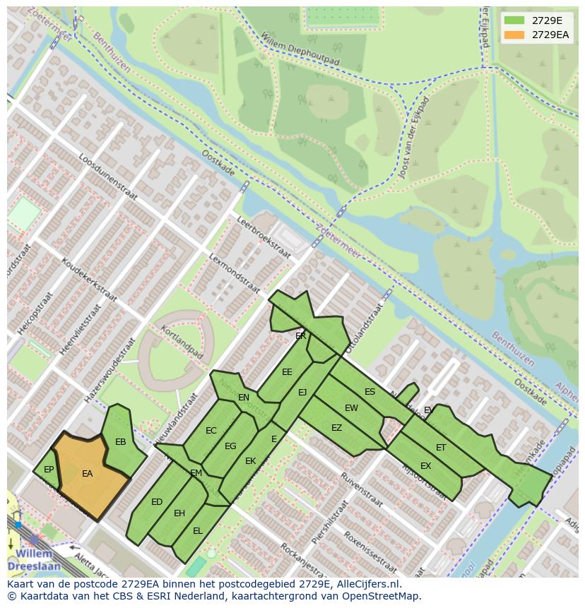 Afbeelding van het postcodegebied 2729 EA op de kaart.