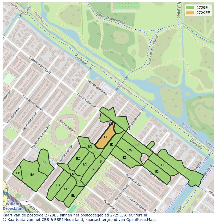 Afbeelding van het postcodegebied 2729 EE op de kaart.
