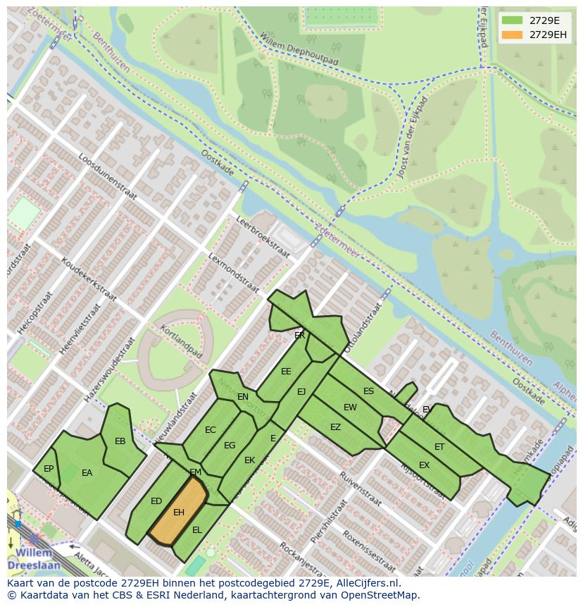 Afbeelding van het postcodegebied 2729 EH op de kaart.