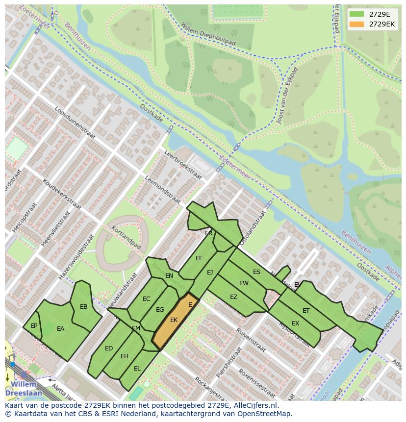 Afbeelding van het postcodegebied 2729 EK op de kaart.