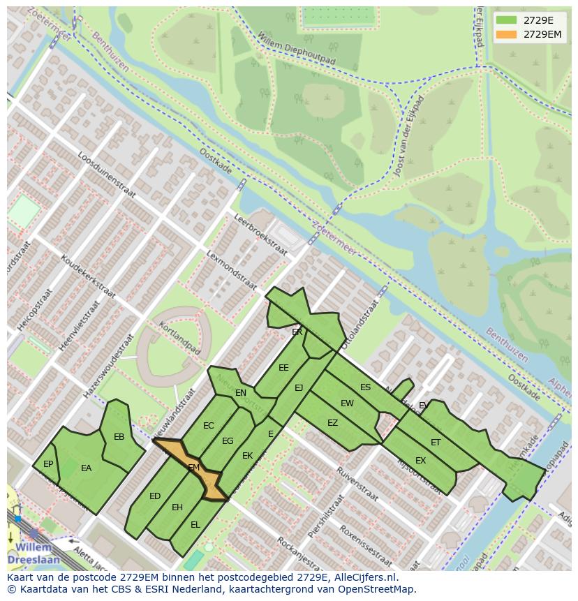 Afbeelding van het postcodegebied 2729 EM op de kaart.