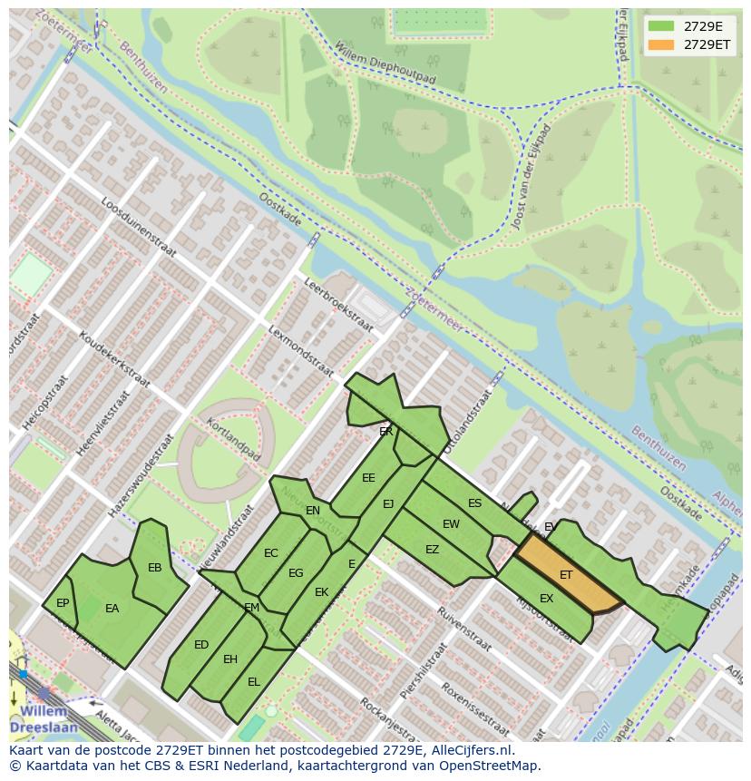 Afbeelding van het postcodegebied 2729 ET op de kaart.