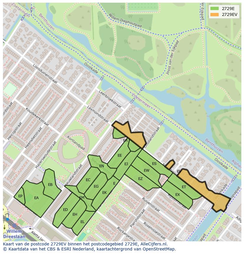 Afbeelding van het postcodegebied 2729 EV op de kaart.