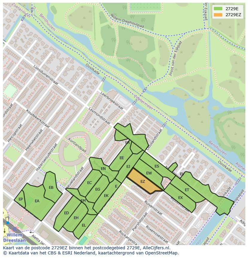 Afbeelding van het postcodegebied 2729 EZ op de kaart.
