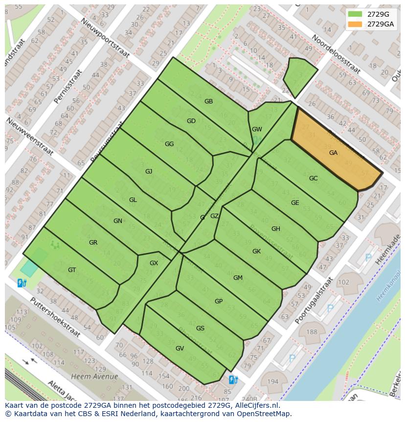 Afbeelding van het postcodegebied 2729 GA op de kaart.