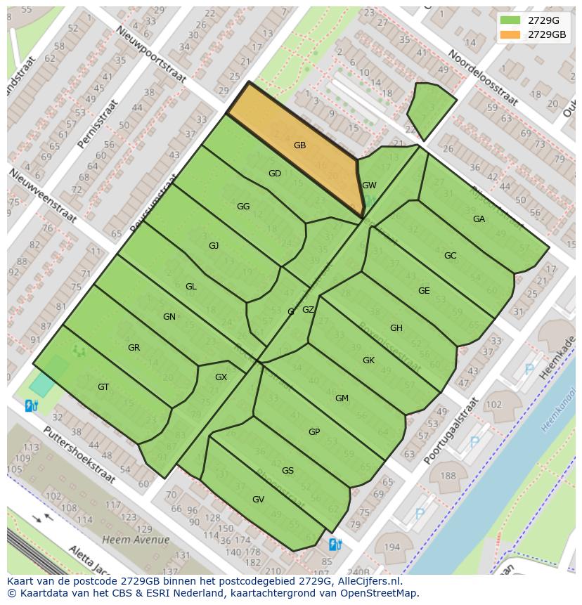 Afbeelding van het postcodegebied 2729 GB op de kaart.