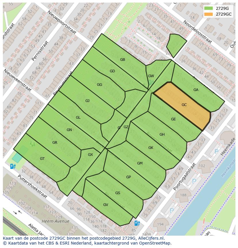 Afbeelding van het postcodegebied 2729 GC op de kaart.