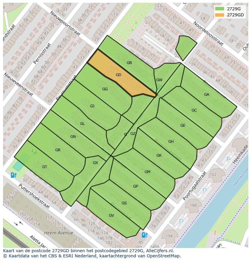 Afbeelding van het postcodegebied 2729 GD op de kaart.