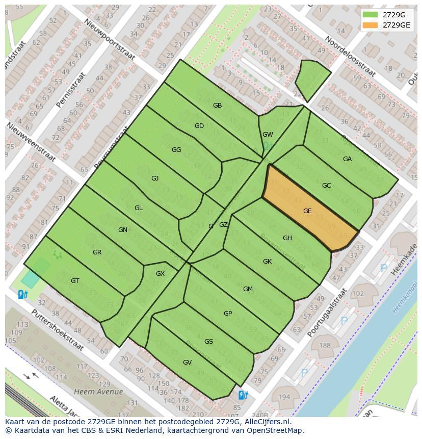 Afbeelding van het postcodegebied 2729 GE op de kaart.