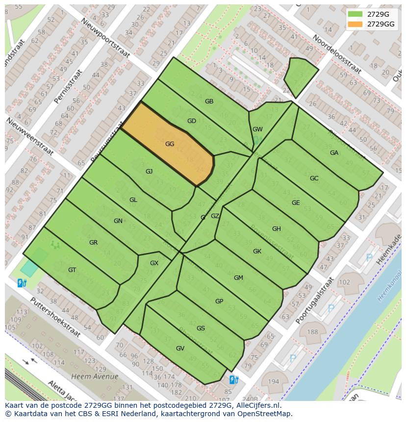 Afbeelding van het postcodegebied 2729 GG op de kaart.