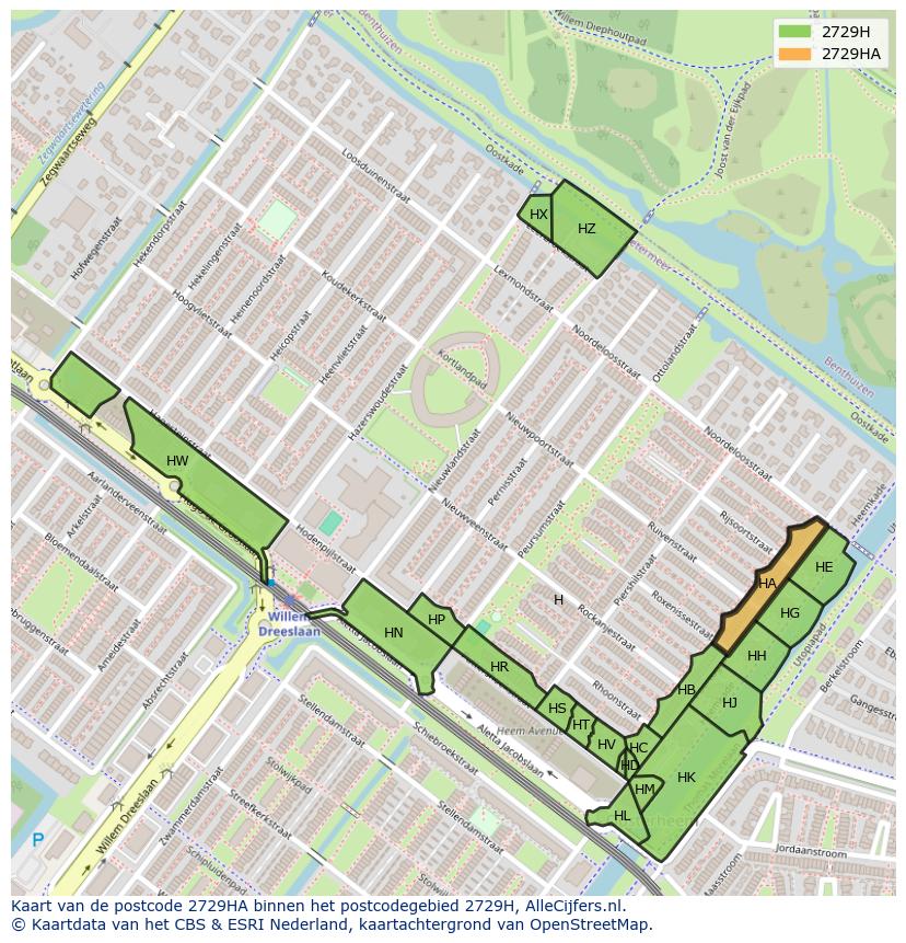 Afbeelding van het postcodegebied 2729 HA op de kaart.