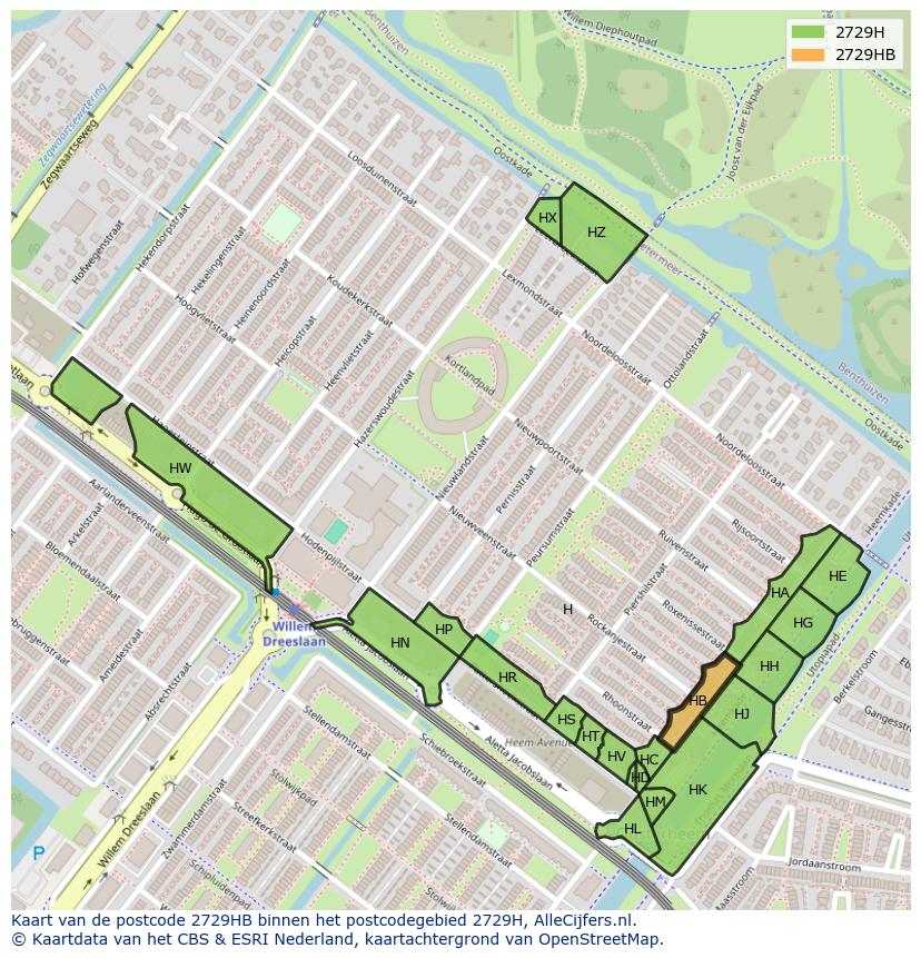 Afbeelding van het postcodegebied 2729 HB op de kaart.