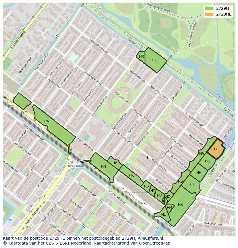 Afbeelding van het postcodegebied 2729 HE op de kaart.