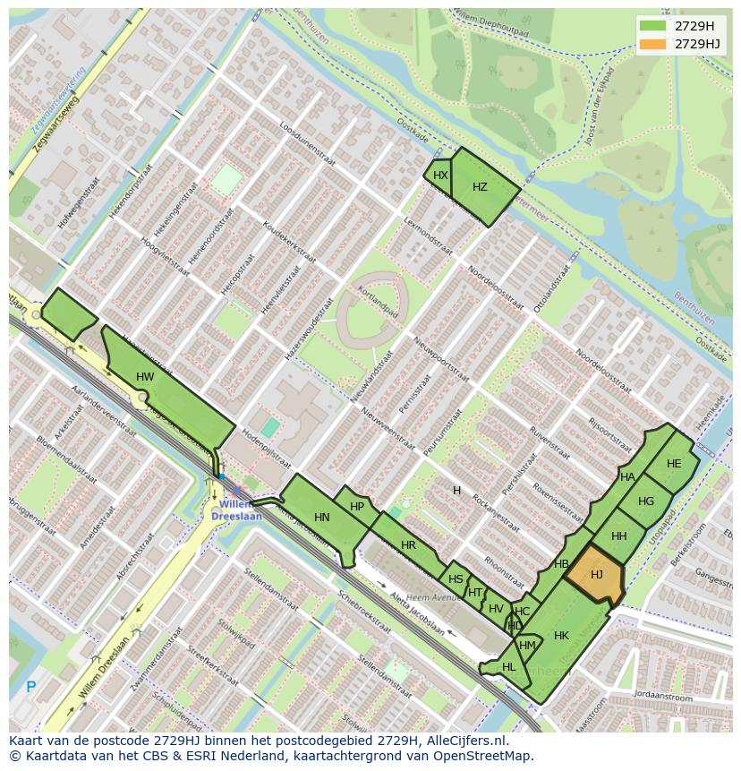 Afbeelding van het postcodegebied 2729 HJ op de kaart.