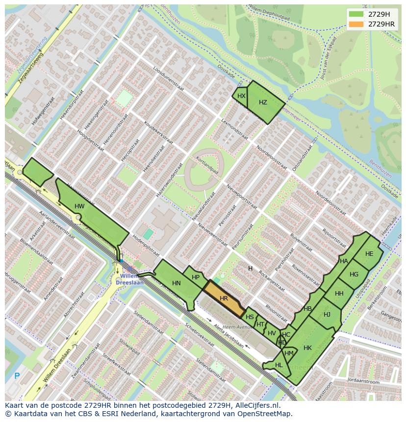 Afbeelding van het postcodegebied 2729 HR op de kaart.