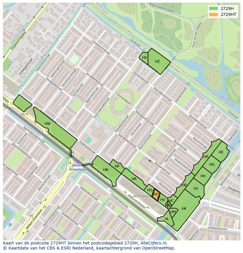 Afbeelding van het postcodegebied 2729 HT op de kaart.