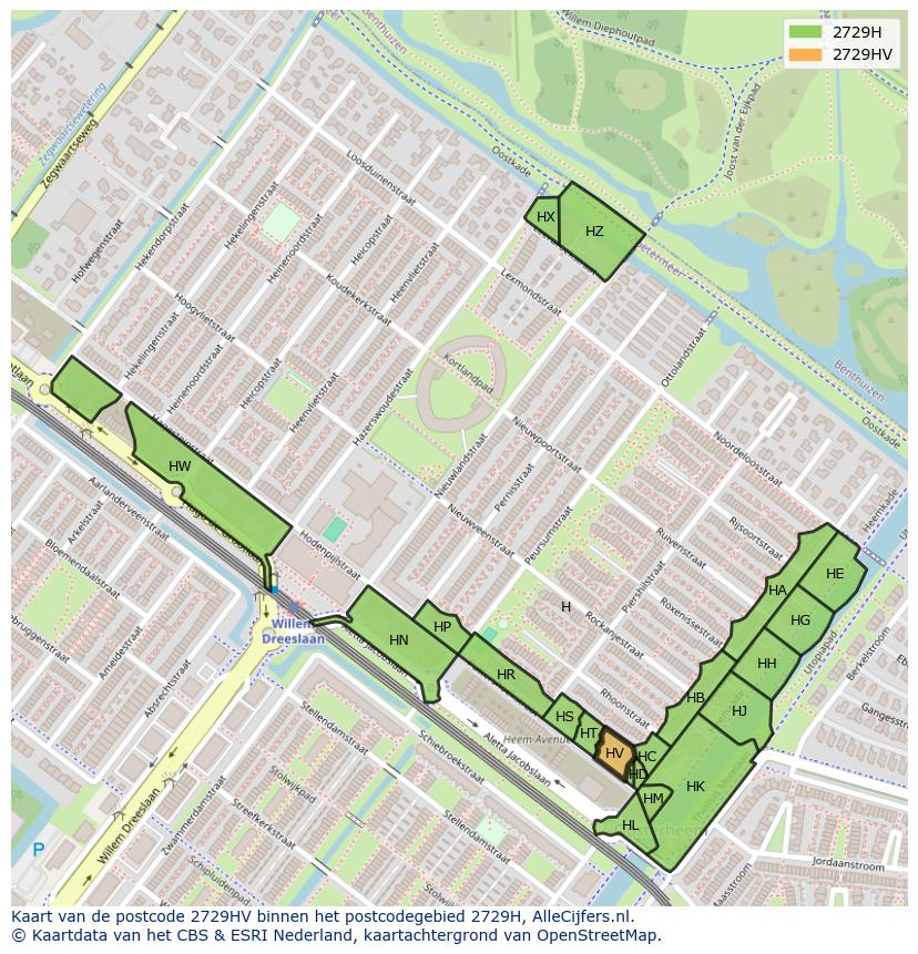 Afbeelding van het postcodegebied 2729 HV op de kaart.