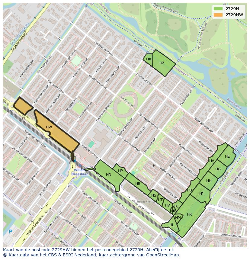 Afbeelding van het postcodegebied 2729 HW op de kaart.