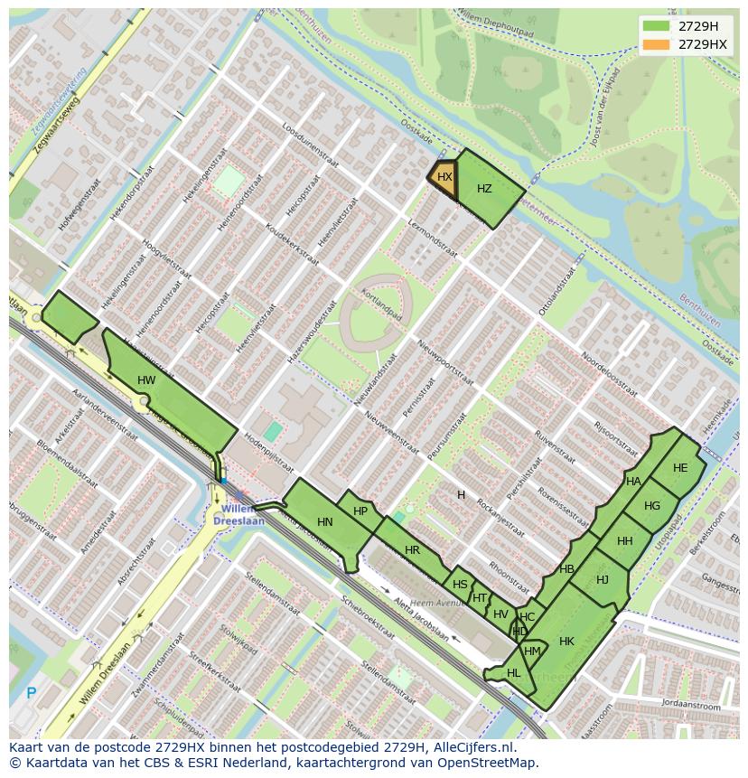 Afbeelding van het postcodegebied 2729 HX op de kaart.