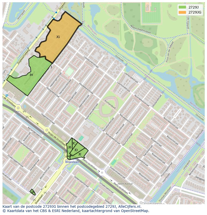 Afbeelding van het postcodegebied 2729 JG op de kaart.