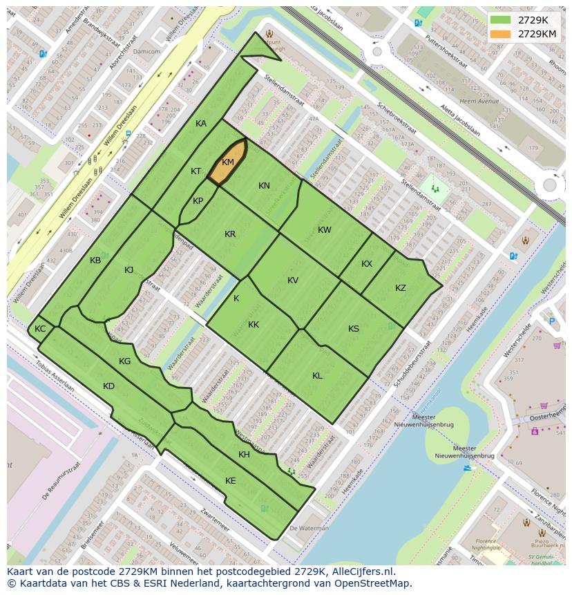 Afbeelding van het postcodegebied 2729 KM op de kaart.
