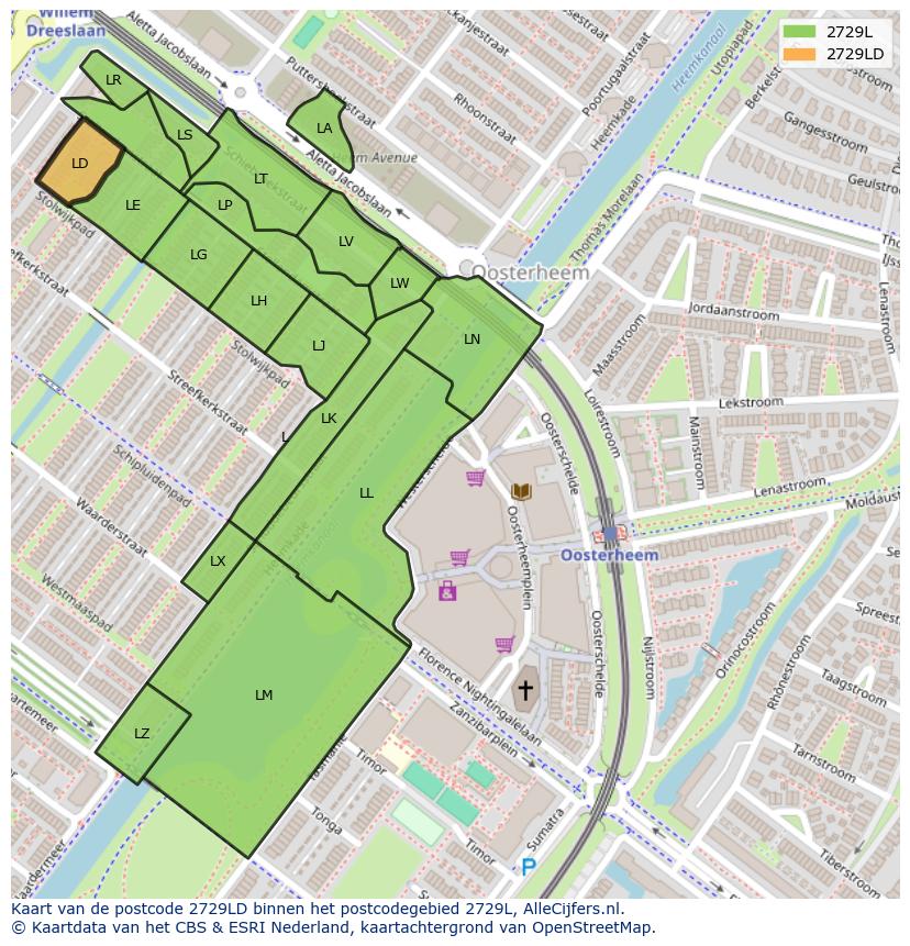 Afbeelding van het postcodegebied 2729 LD op de kaart.