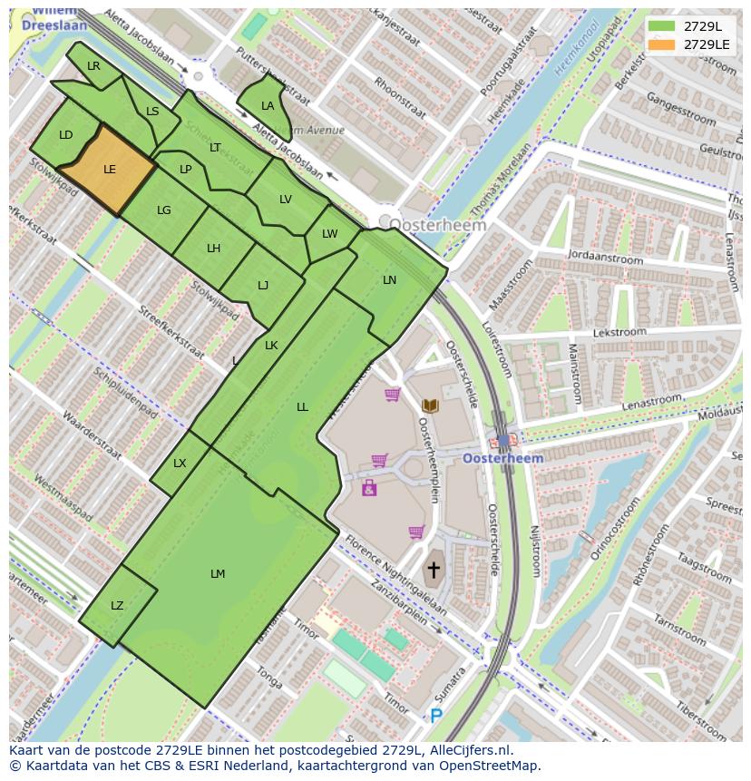 Afbeelding van het postcodegebied 2729 LE op de kaart.