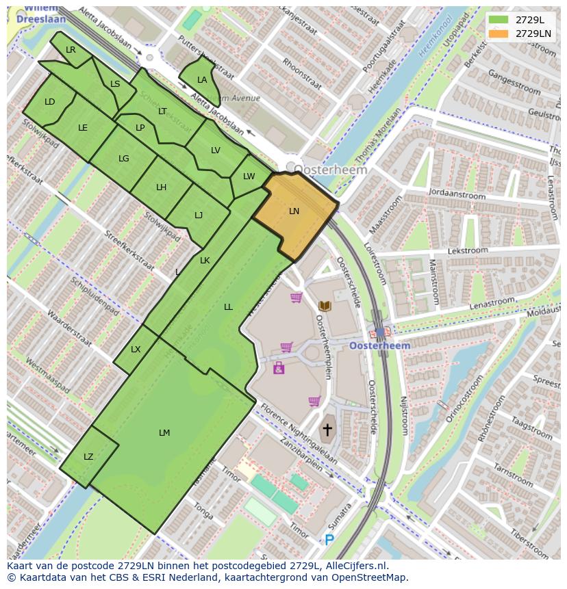 Afbeelding van het postcodegebied 2729 LN op de kaart.